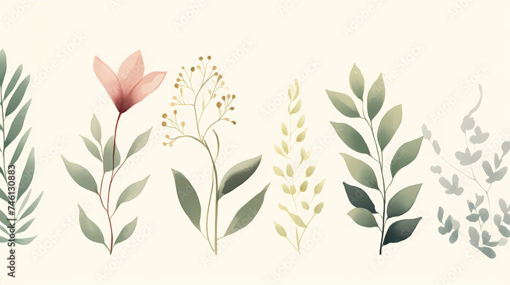 Naklejka premium Watercolor floral frame border with green leaves, branches and elements