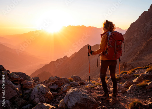Atlas Sunset Trek: A gorgeous woman with trekking poles gazes at the majestic Toubkal Peak during a breathtaking mountain sunset in the Atlas Mountains of North Africa.

