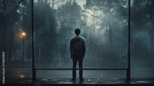 Depressed guy standing near misted glass, looking sad and devastated. Depression, anxiety and anti depressants concept. Selective serotonin reuptake inhibitor medication. photo