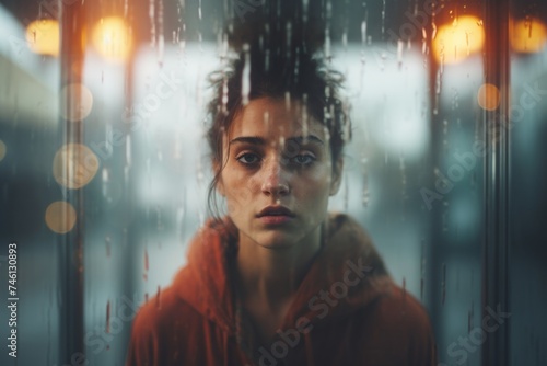 Depressed woman standing near misted glass on bus stop in big city, looking sad and devastated. Depression, anxiety and anti depressants concept. Selective serotonin reuptake inhibitor medication.