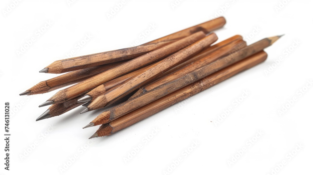 Lead pencils of various lengths arranged on a white background