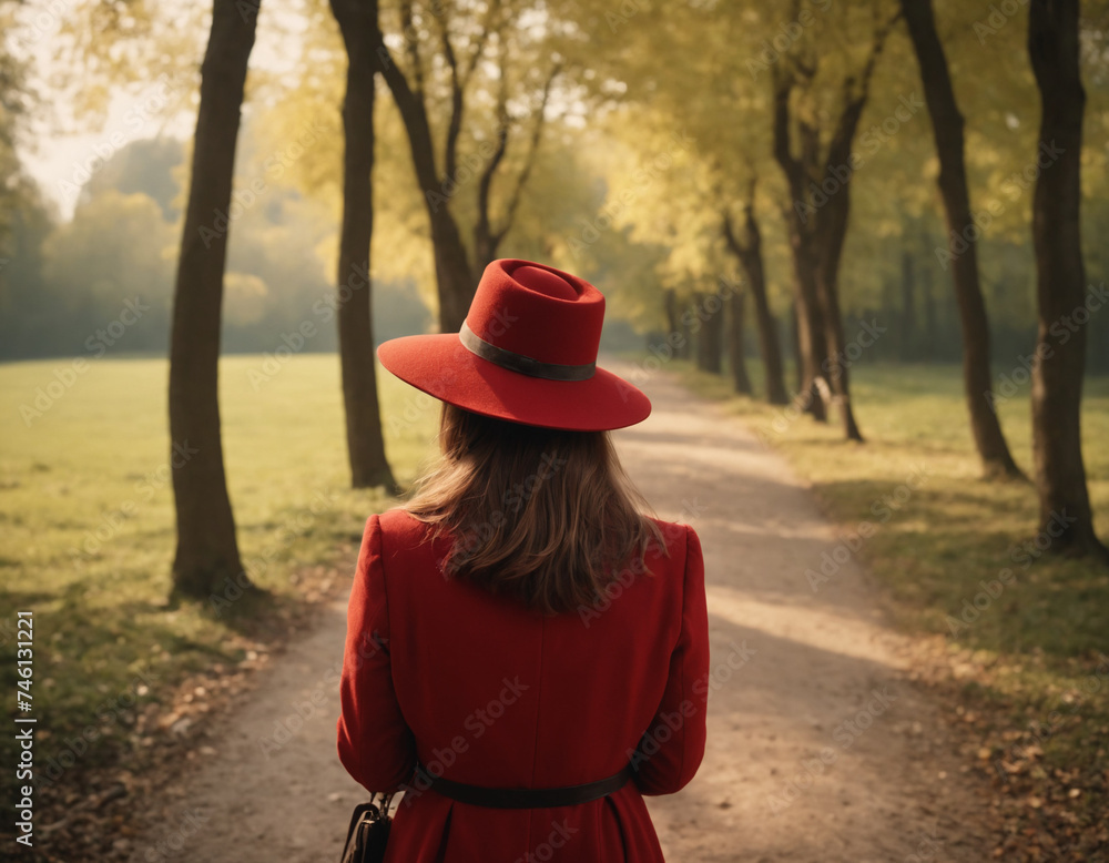 Image of a girl from behind, wearing a red coat and hat, walking in a ...