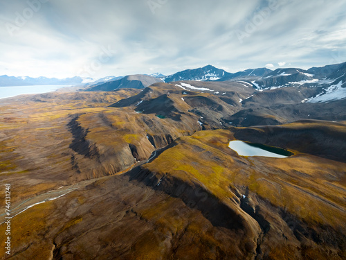 Foto drone shot for breathtaking footage of wild nature in svalbard, majestic mountai