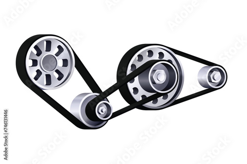 3D vector illustration with steel wheels and belts transmission, useful for quiz questions, presentations, math equations and school projects