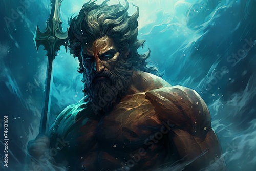 Poseidon greek god. Sea trident stone. Generate Ai photo