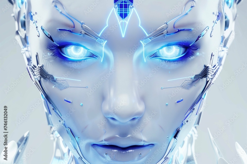 Cyborg stle futuristico con occhi luminosi e cervello a circuito stampato, colori blu e bianco, composizione simmetrica - obrazy, fototapety, plakaty 