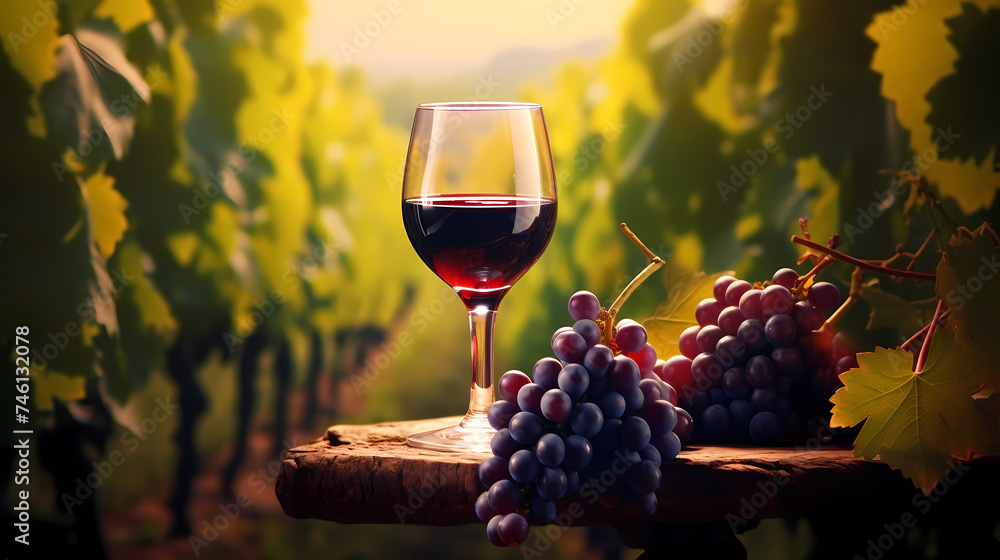 Close-up of a glass of red wine on a wooden table with blurred background