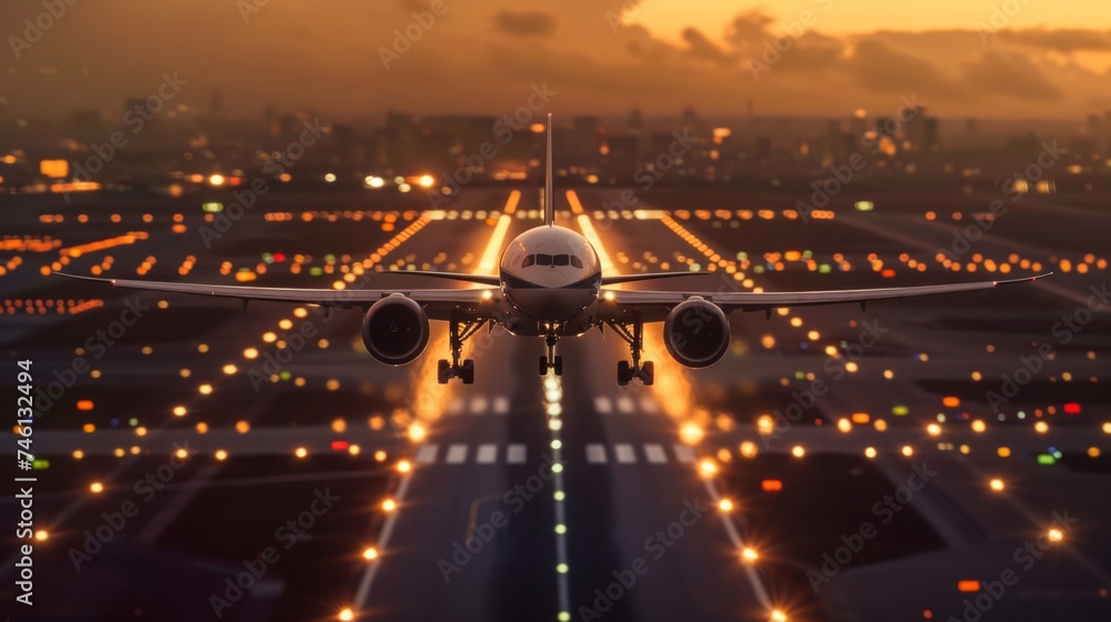 Commercial Airplane Approaching Runway at Dusk with city centered on approach to a runway, adorned with shimmering lights against the early evening sky, city skyline in - obrazy, fototapety, plakaty 