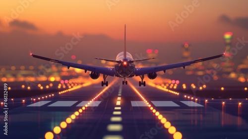 Aircraft Landing Gear and Exhaust Heat on Runway at Sunset.The sun casts a warm golden hue over the scene, highlighting the aircraft's wheels and the heat distortion from the exhaust on the tarmac.