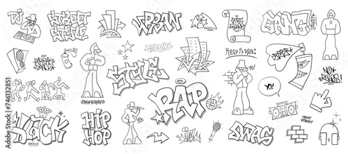 Graffiti street style hip hop music signs and character hand drawn doodle vector illustration 