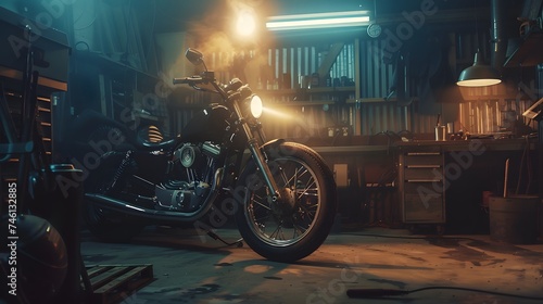 Custom Bobber Motorbike Standing in an Authentic Creative Workshop. Vintage Style Motorcycle Under Warm Lamp Light in a Garage.