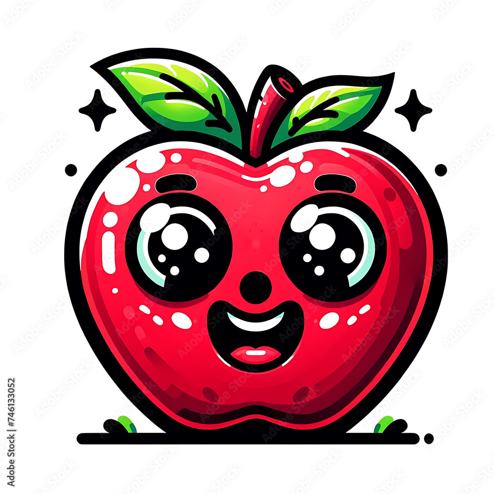 Obraz premium Cartoon illustration of a vibrant red apple with a cute, smiling face and sparkling eyes, full of character and whimsy.