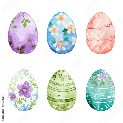 Set of watercolor easter eggs with geometric and floral ornaments isolated on transparent background. Collection for design greeting card, banner, flyer, sticker