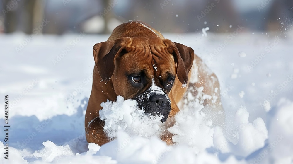 this boxer is playing in the snow