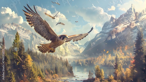 Falcon hunting. One flying falcon in the nature background, digital ai photo