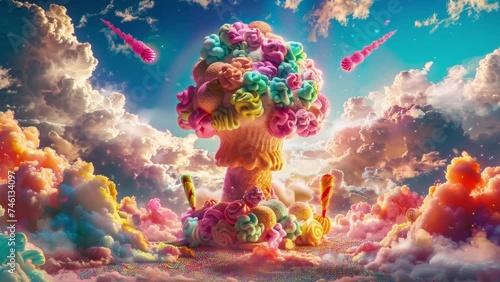 colourful fantasy magic mushrooms in fantasy landscape made with generative AI
