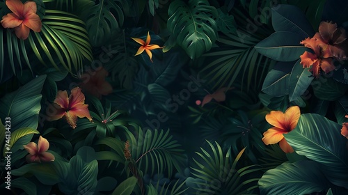 Tropical leaves colorful flower on dark tropical foliage nature background dark green foliage nature
