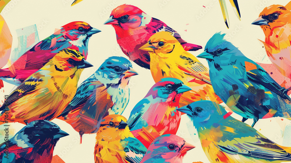 Obraz premium Poster design shows lots of vibrant colorful birds in various colors, in the style of pattern-based painting.
