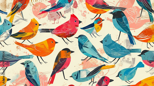 Poster design shows lots of vibrant colorful birds in various colors, in the style of pattern-based painting. © Aisyaqilumar