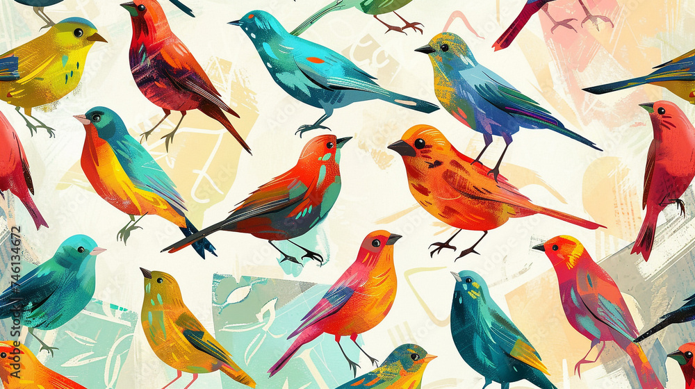 Poster design shows lots of vibrant colorful birds in various colors, in the style of pattern-based painting. Poster design shows lots of vibrant colorful birds in various colors, in the style of pattern-based painting.