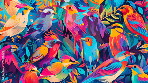 Poster design shows lots of vibrant colorful birds in various colors, in the style of pattern-based painting.
