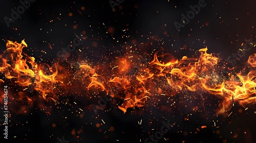 Fire flames on black background. fire flames and sparks with horizontal repetition on dark background, digital ai
 photo