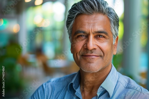 Headshot close up portrait of indian or latin confident mature good looking middle age leader, ceo male businessman on blur office background. Handsome hispanic senior business man smiling at camera