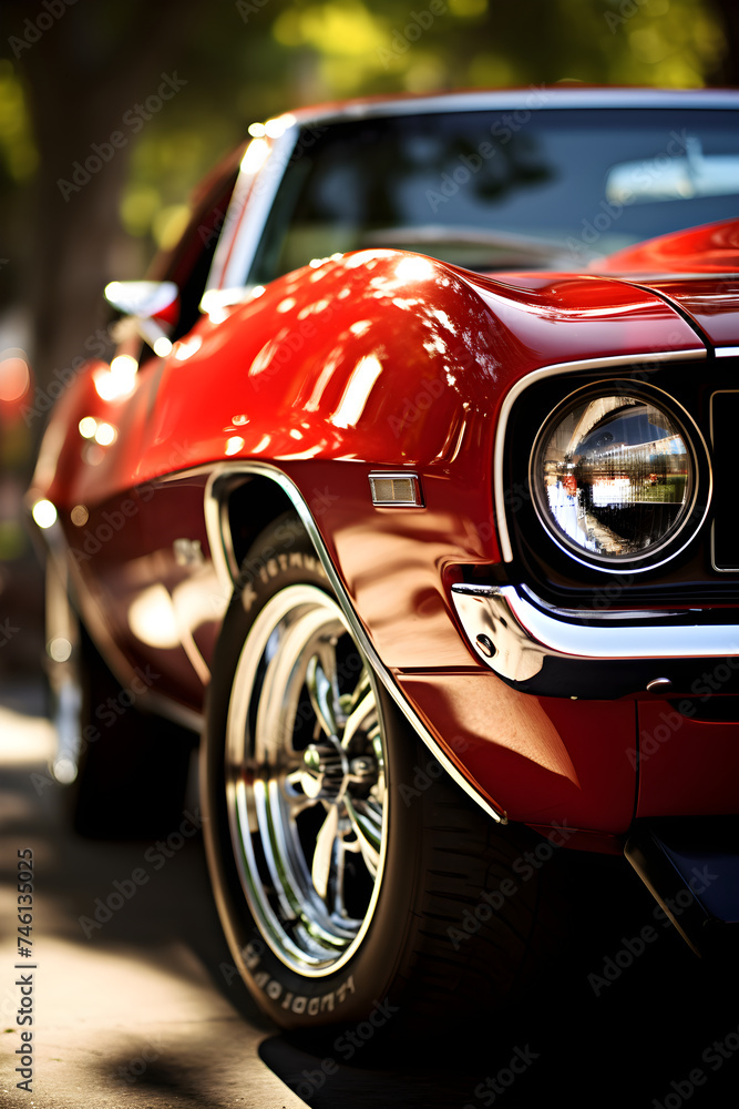 Stunning High Definition Image of a Glossy Red Vintage Muscle Car Bathed in Sunlight