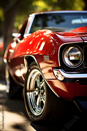 Stunning High Definition Image of a Glossy Red Vintage Muscle Car Bathed in Sunlight