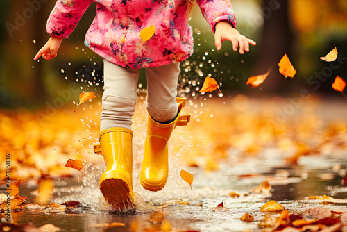 Young Child in Yellow Rain Boots Splashing Through Autumn Leaves on a Sunny Day