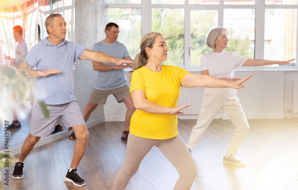 Portrait of active mature people enjoying modern energetic dancing in a group in the studio