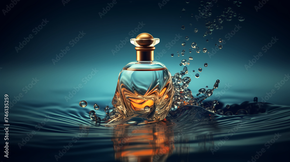Perfume transparent bottle on pastel background, perfume display Perfume transparent bottle on pastel background, perfume display