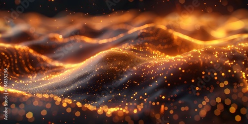 Glowing wave particles and bokeh lights create dynamic digital landscape concept seamless background. Concept Digital Art, Abstract Design, Motion Graphics, Visual Effects, Futuristic Background