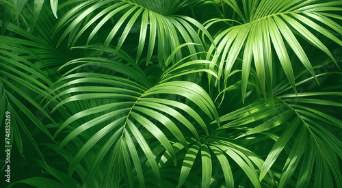 Lush green palm leaves creating a vibrant  tropical texture.