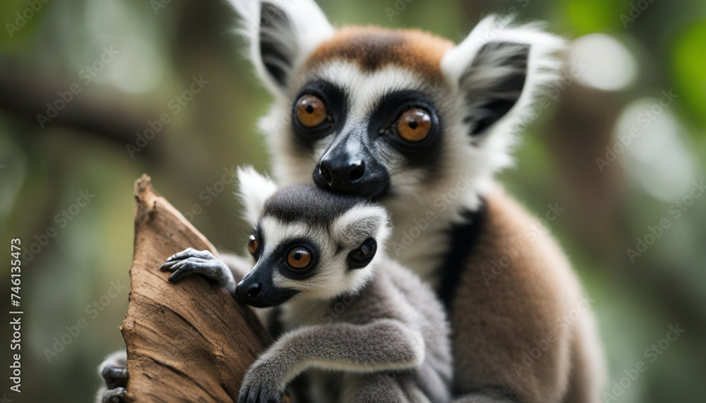 Fototapeta premium Photo portrait of lemur with baby, wild photography