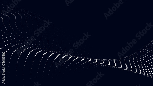 Wave of flowing particles on a dark background. Abstract backdrop with dynamic elements of waves and dots. Vector