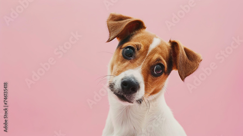 Adorable jack russell terrier dog with curious questioning face isolated on light pastel background with copy space. Studio portrait photo.
