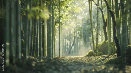 Serene Bamboo Forest with Dappled Light Tilt-Shift Anime Background