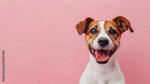 Funny dog face of jack russell terrier isolated on light pastel background with copy space the side. Happy and smiley face.