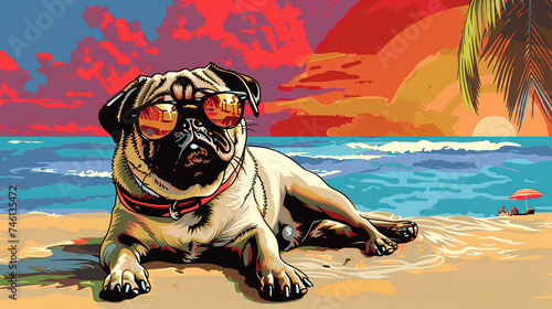 Cool looking pug dog at the beach. Comic style illustration.