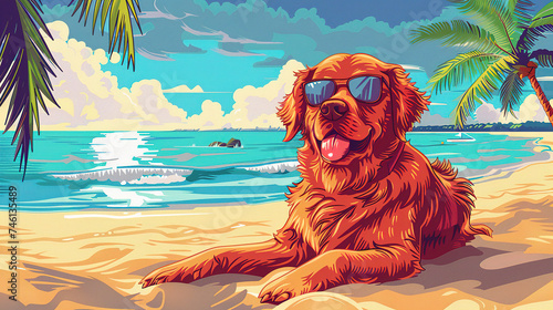 Cool looking golden retriever dog at the beach. Comic style illustration. © Tepsarit