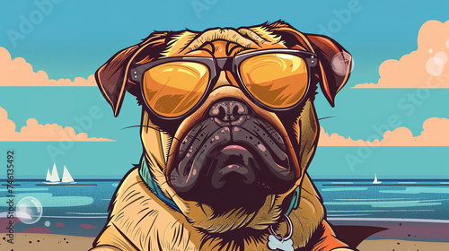 Cool looking pug dog at the beach. Comic style illustration.