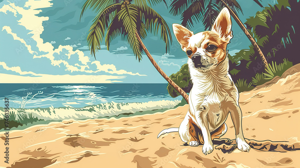 Cool looking chihuahua dog at the beach. Comic style illustration.