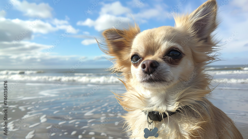 Cool looking chihuahua dog at the beach.Summer vacation at sea side with your dog.