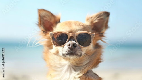 Cool looking chihuahua dog at the beach.Summer vacation at sea side with your dog. © Tepsarit