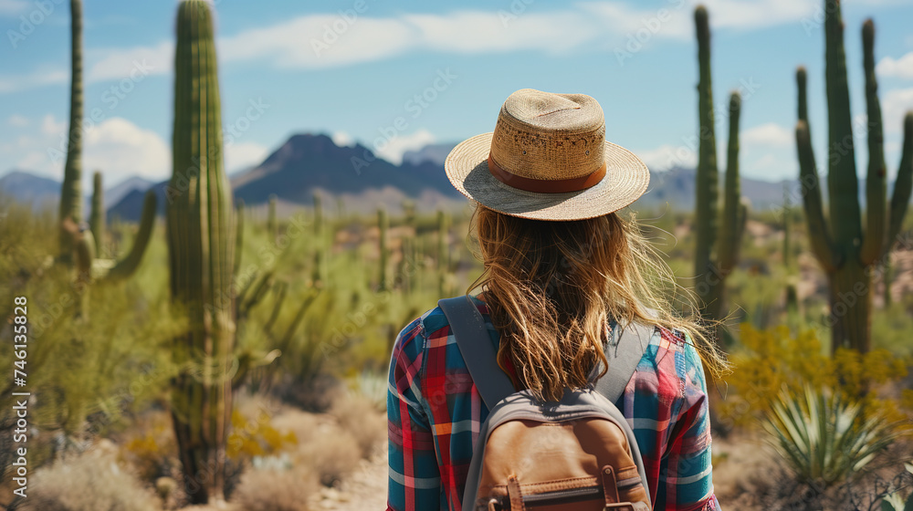 Back view of Tourist woman with hat and backpack on vacation at saguaro national park.