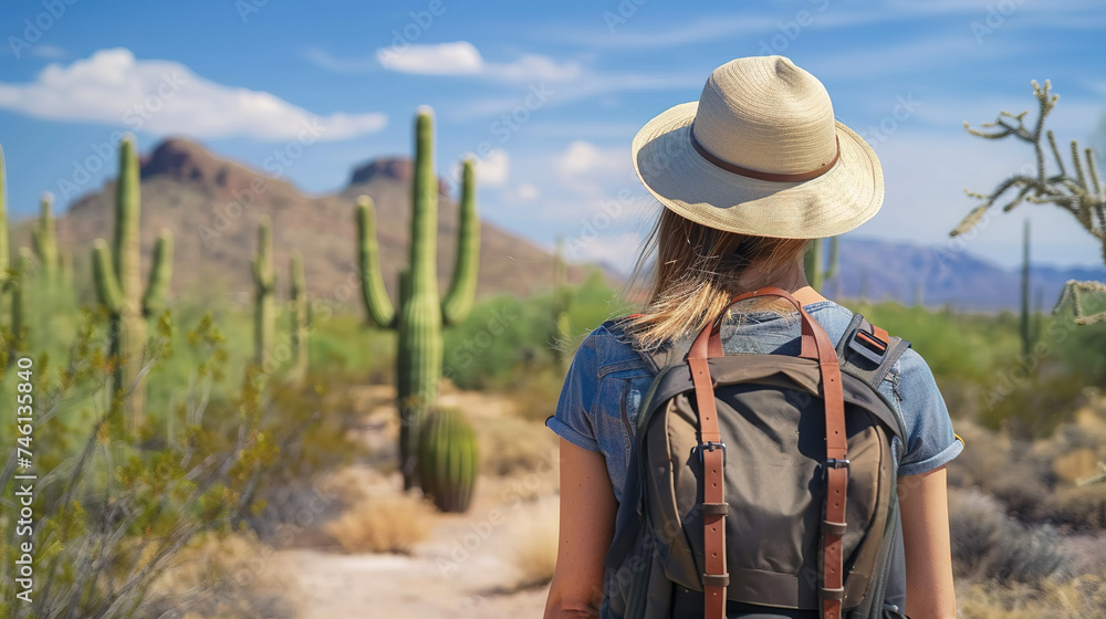 Back view of Tourist woman with hat and backpack on vacation at saguaro national park, Digital illustration generative AI.