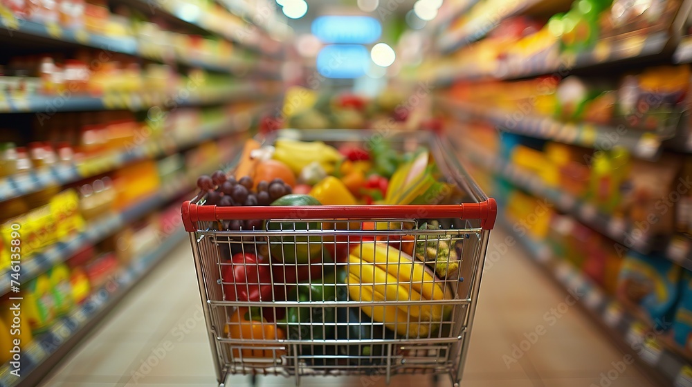 In the bustling aisles of a supermarket, a shopping cart brims with an assortment of food items. 