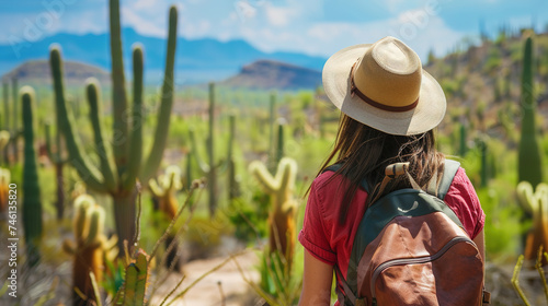 Back view of Tourist woman with hat and backpack on vacation at saguaro national park.