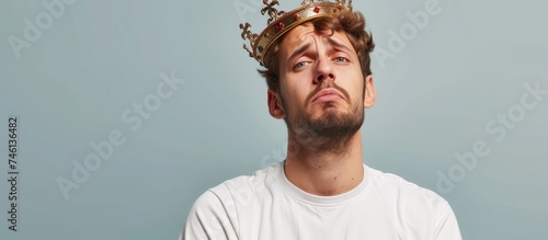 A calm man wearing a crown gazes at a blank space, exuding regal authority and presence. The crown on his head signifies royalty and power.